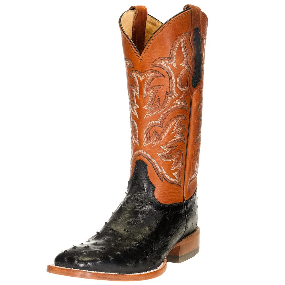 Justin Boots Men's Pascoe Black Full Quill Ostrich 13in. Rebel Suntan Top Cowboy Boots