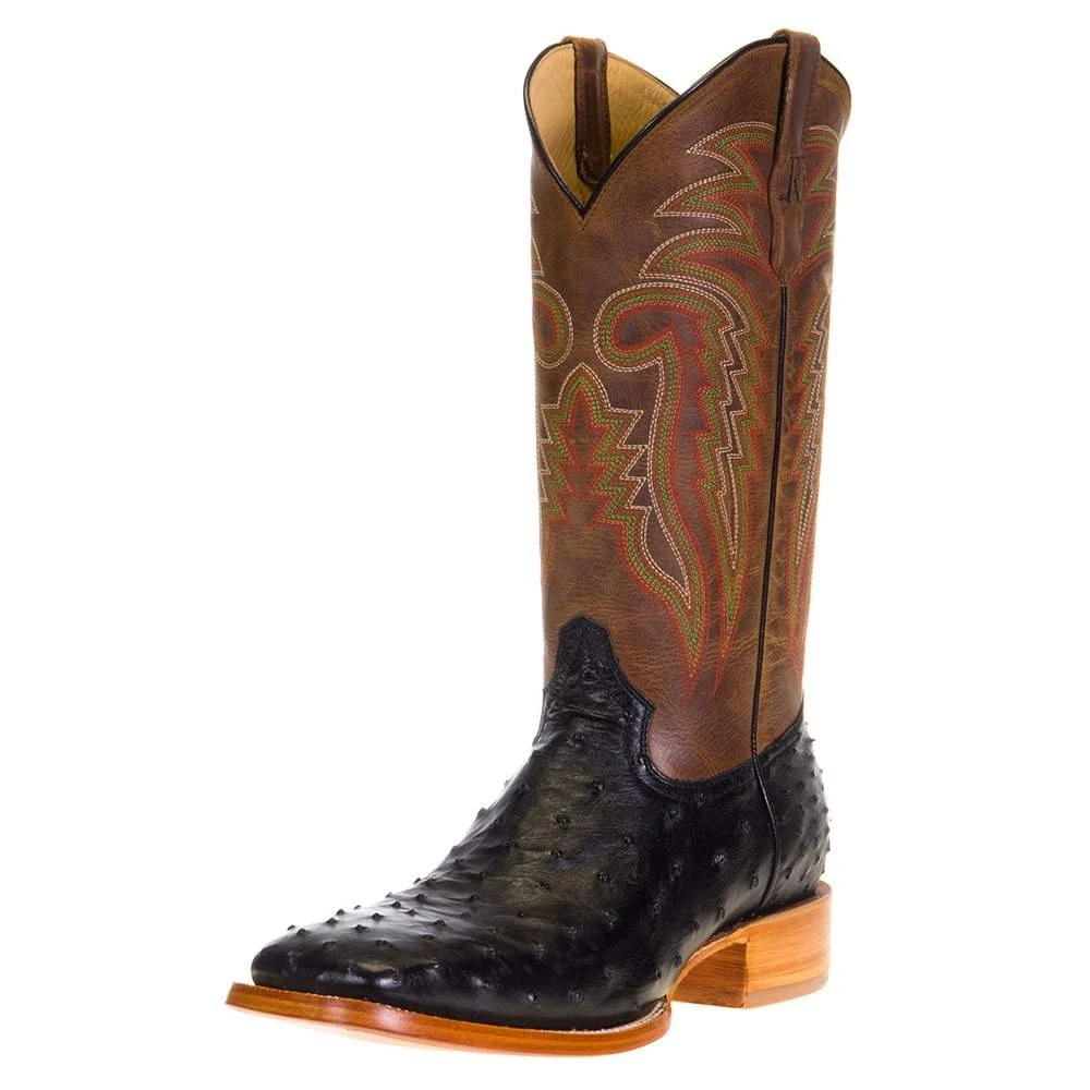 Men's R Watson Black Full Quill Ostrich 13in. Mad Dog Tan Cowhide Top Boots