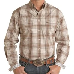 Panhandle Men's Tan Dobby Plaid Long Sleeve Button Down