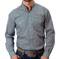 Roper Men's Blue Geo Print Two Pocket Button Down