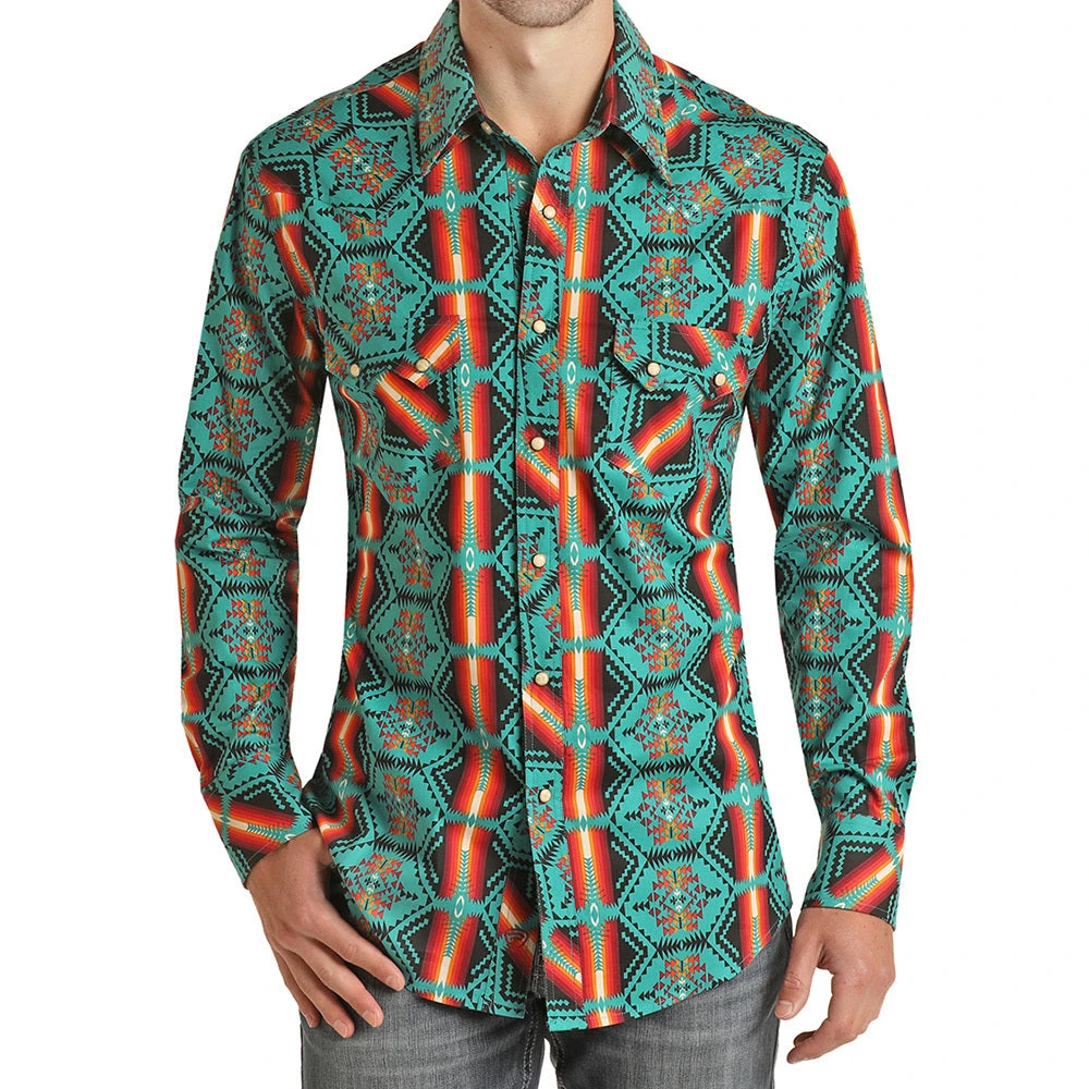 Rock N Roll Cowboy Slim Fit Turquoise Aztec Print Snap Shirt