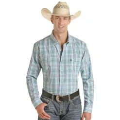 Panhandle Men's Turquoise Checker Print Button Down