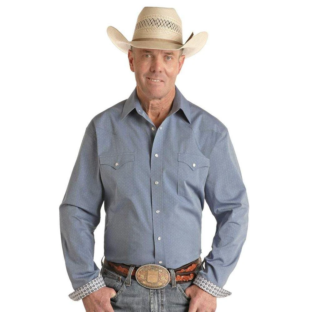 Panhandle Men's Rock & Roll Rough Stock Light Navy Dobby Snap Shirt - Image 2